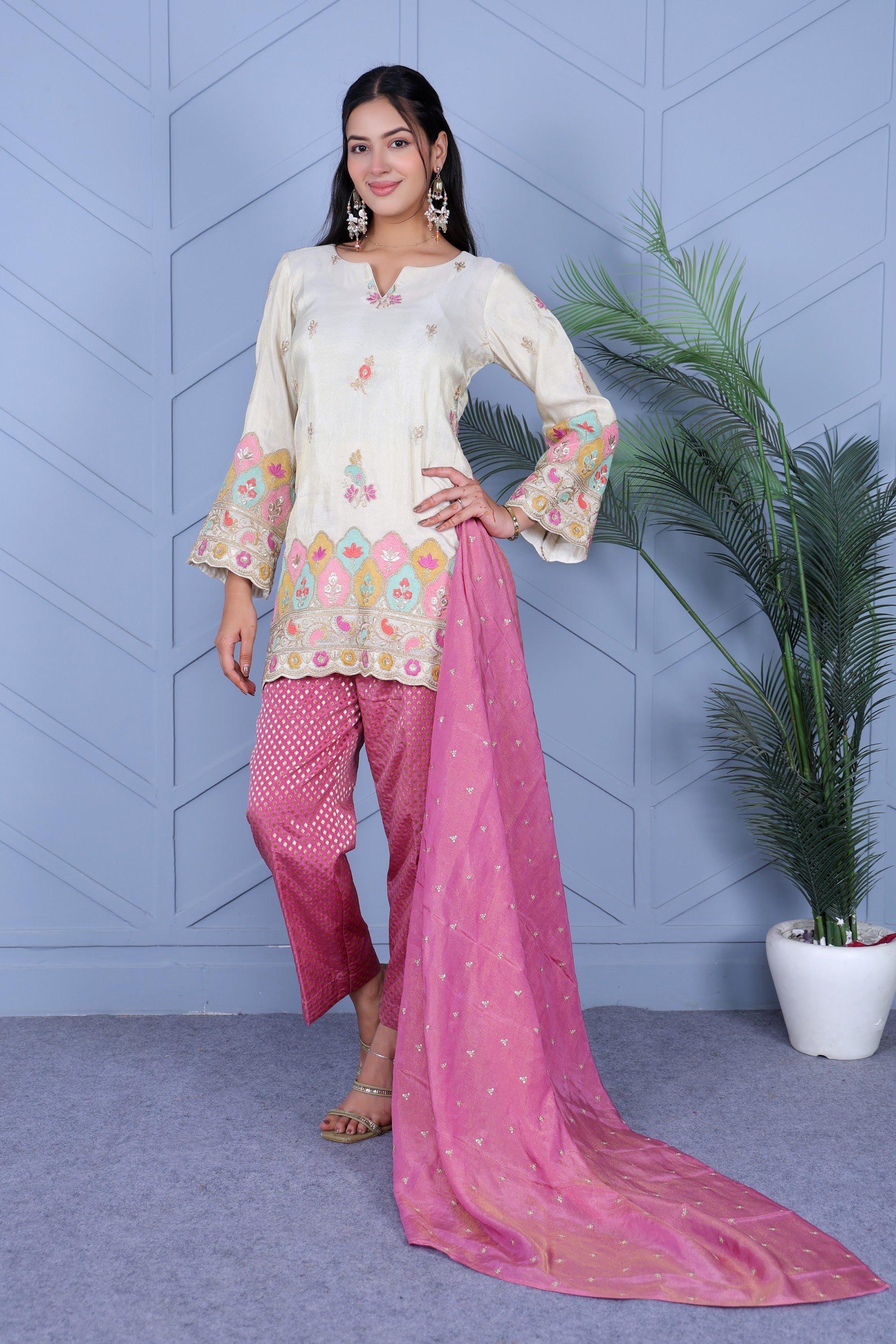 Example Product 11 - Ivory kurta with pink pants & dupatta