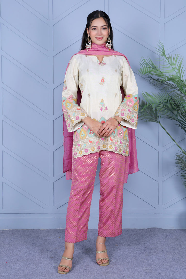 Example Product 11 - Ivory kurta with pink pants & dupatta