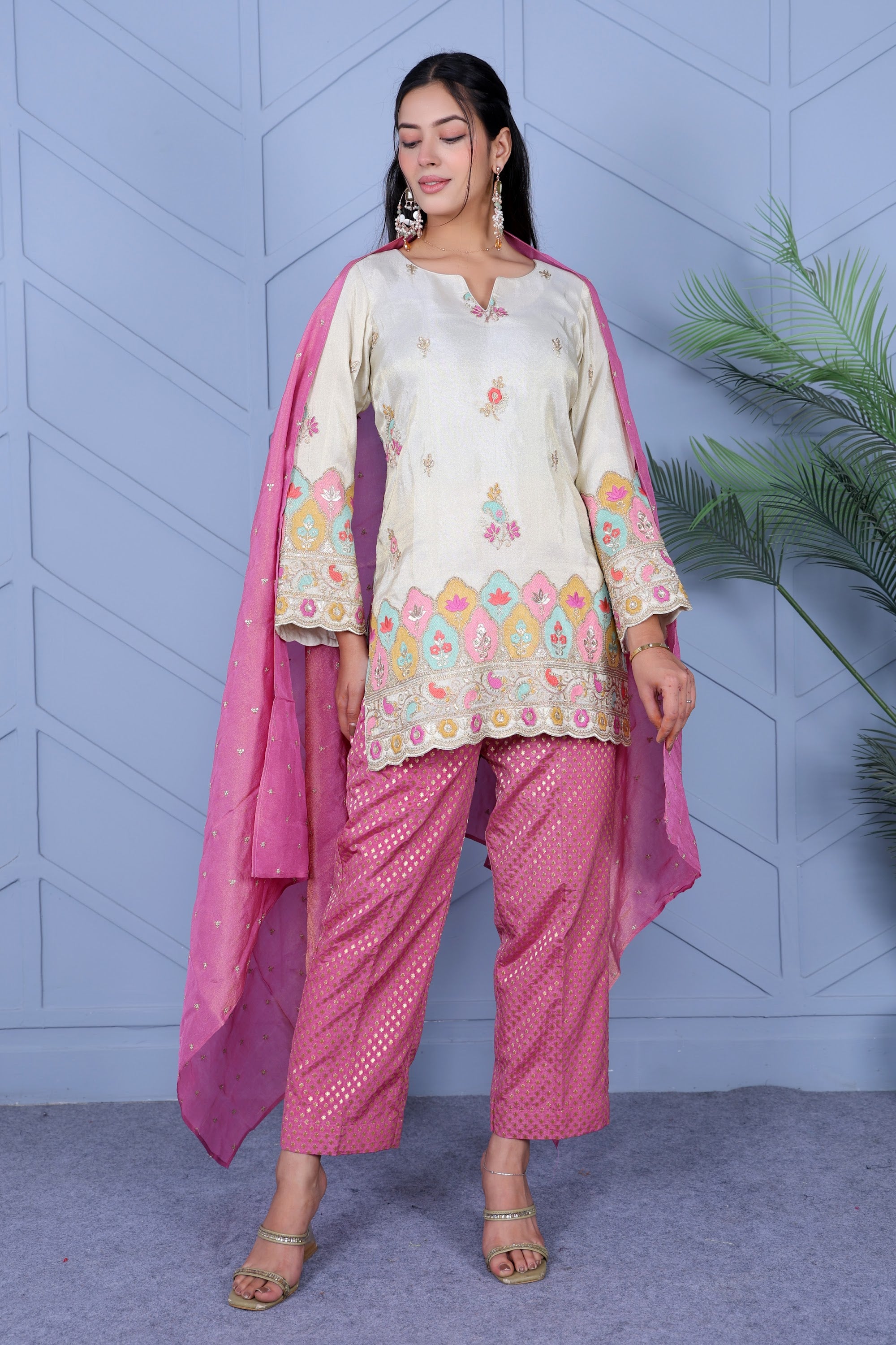 Example Product 11 - Ivory kurta with pink pants & dupatta