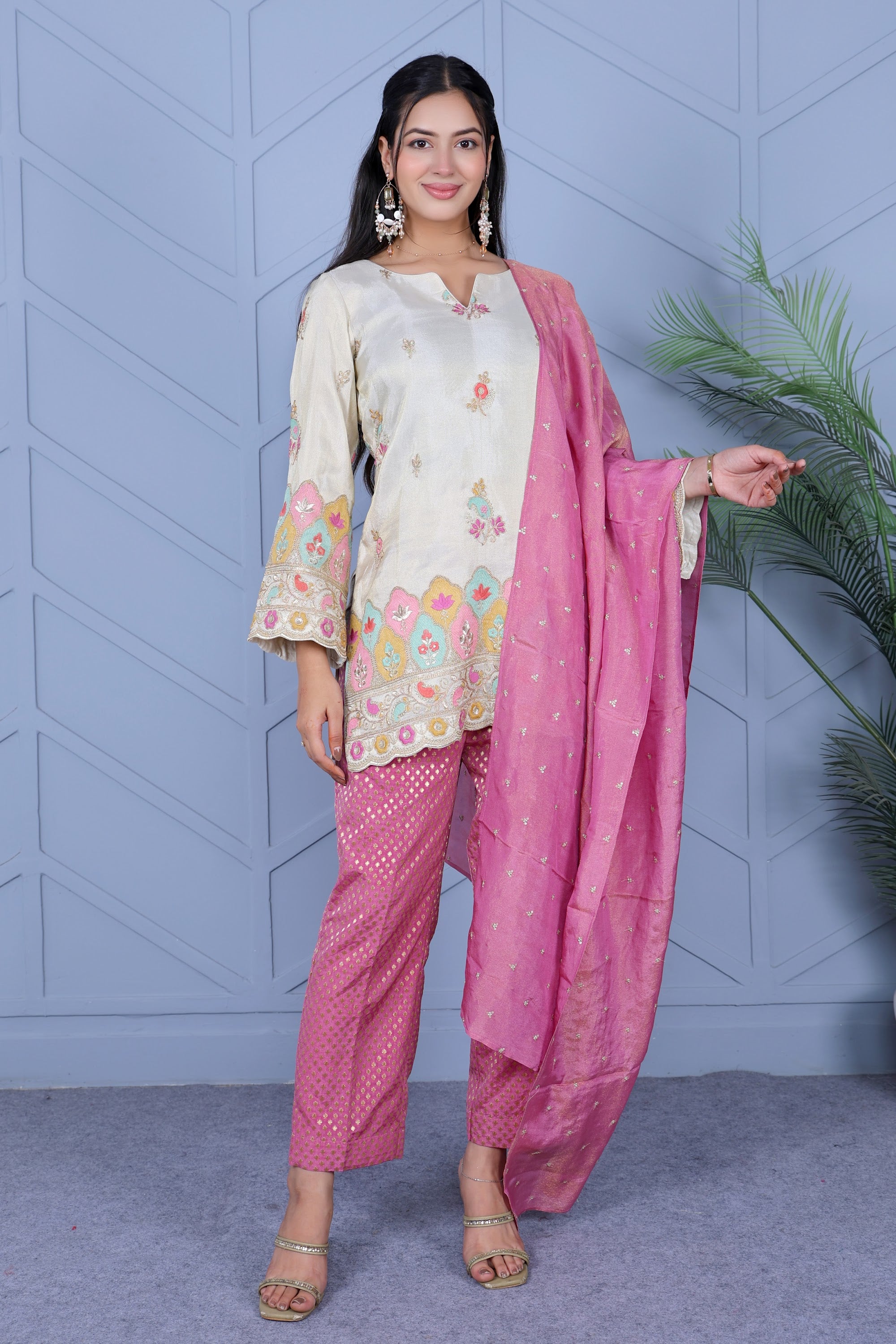 Example Product 11 - Ivory kurta with pink pants & dupatta