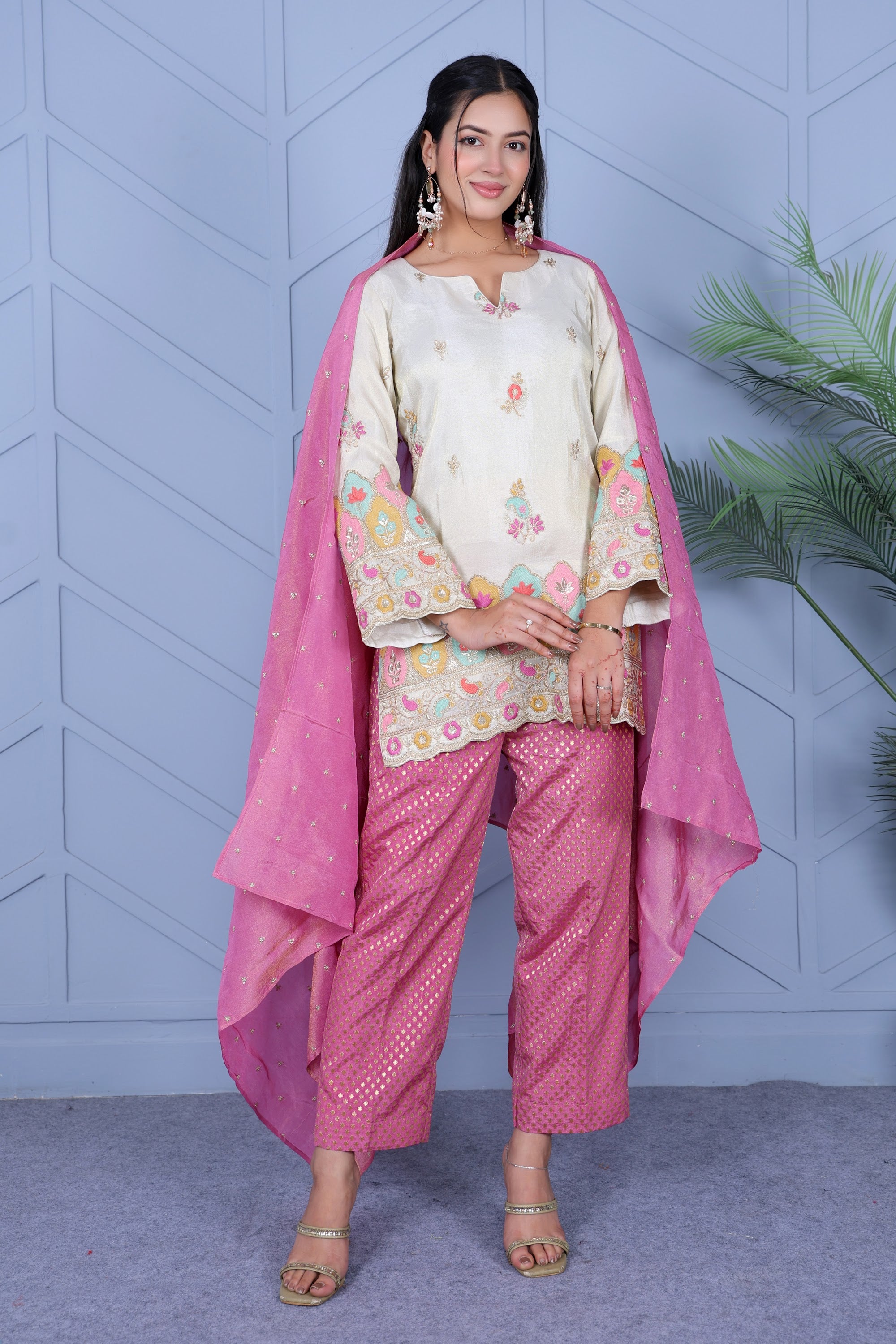 Example Product 11 - Ivory kurta with pink pants & dupatta