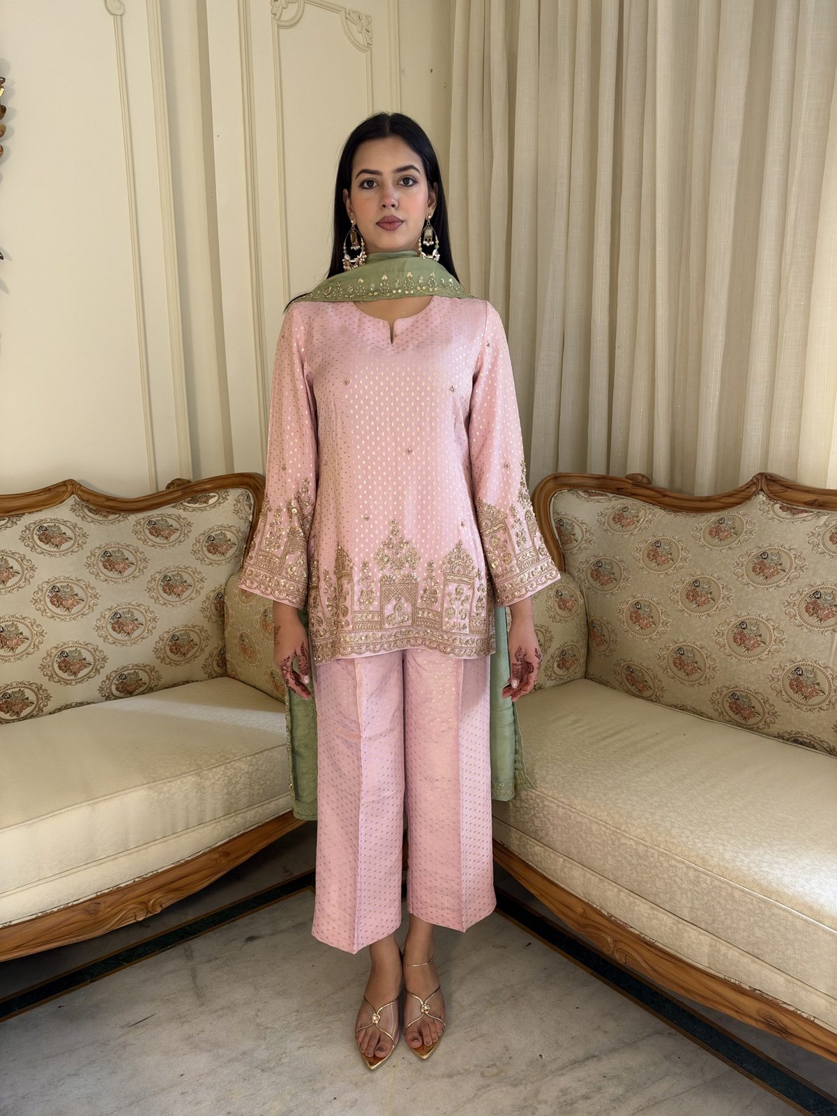 Blush Pink Suit with Sage Dupatta