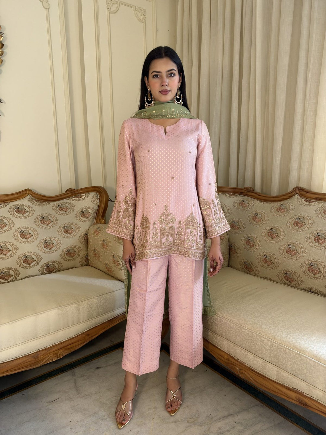Blush Pink Suit with Sage Dupatta