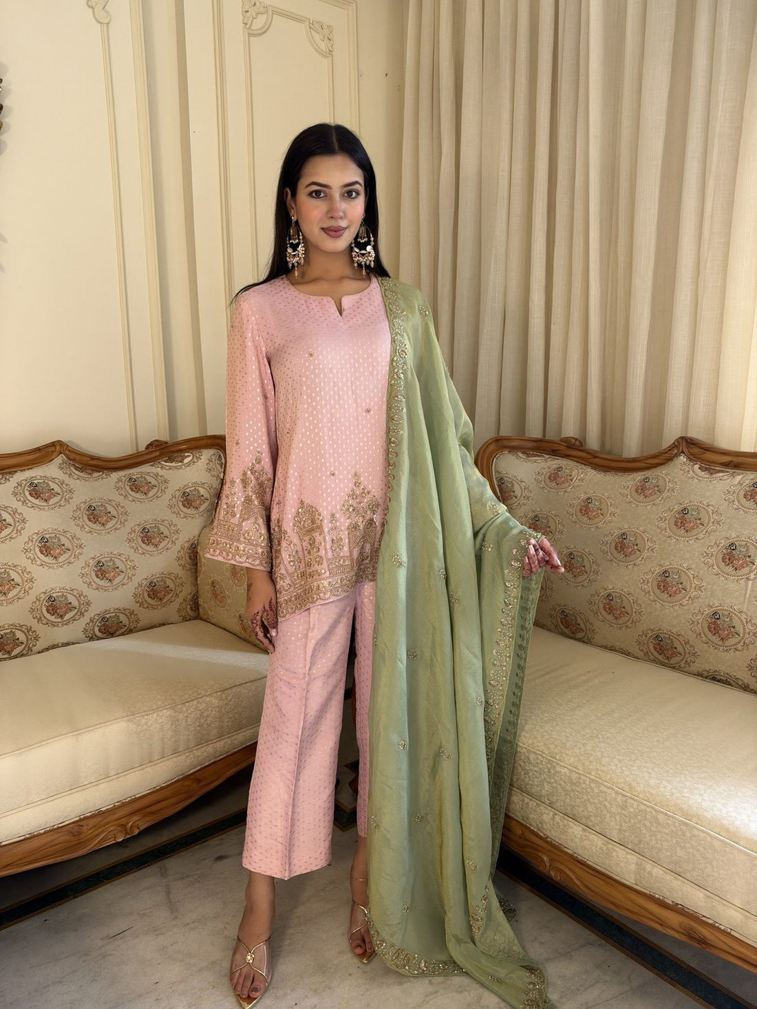 Blush Pink Suit with Sage Dupatta