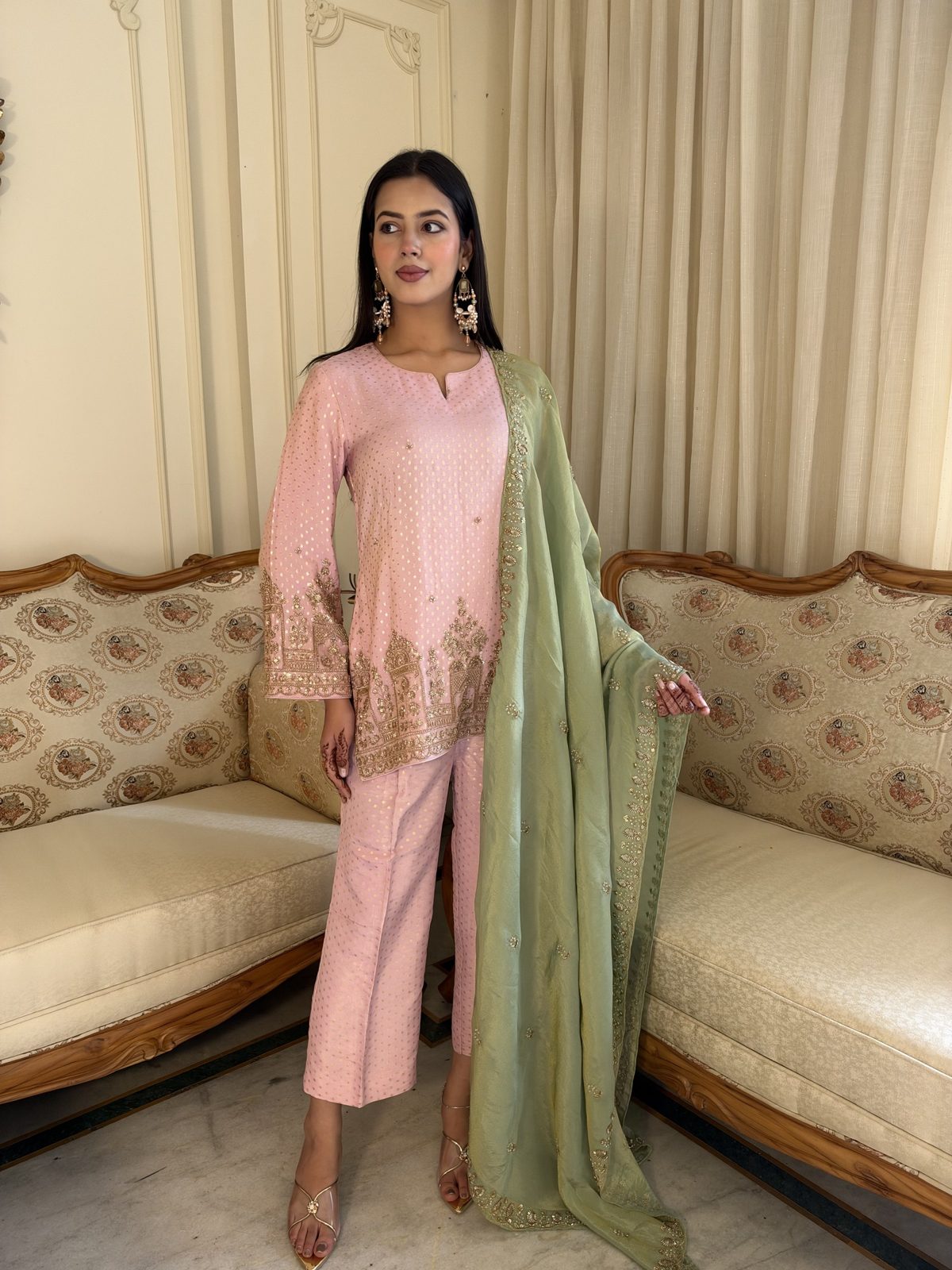 Blush Pink Suit with Sage Dupatta