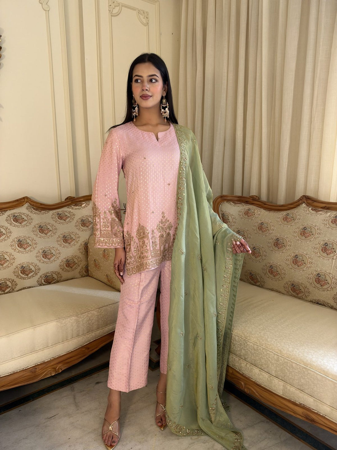 Blush Pink Suit with Sage Dupatta
