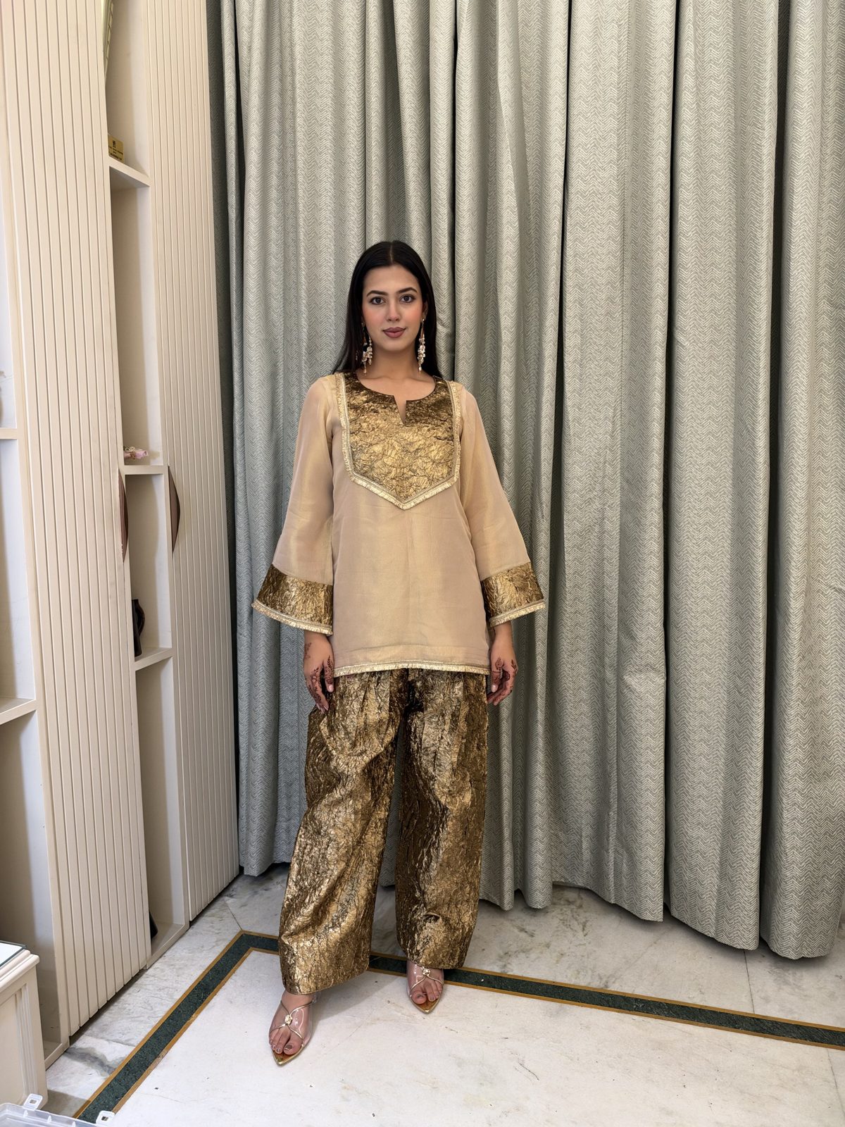 Champagne Gold Co-ord Set with Farshi Salwar