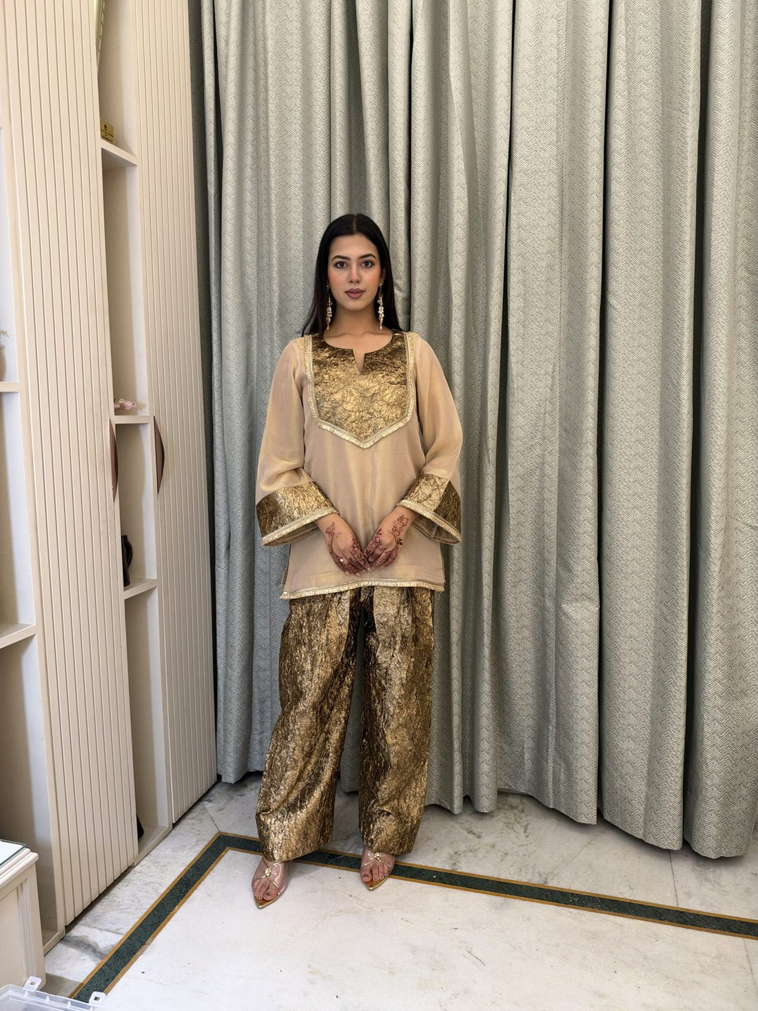 Champagne Gold Co-ord Set with Farshi Salwar