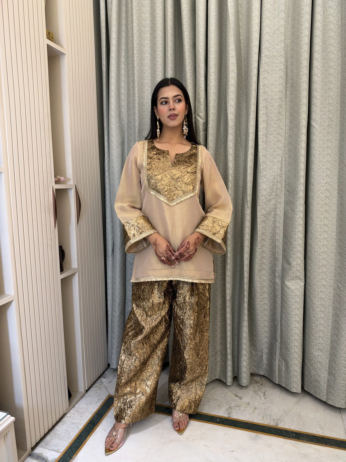 Champagne Gold Co-ord Set with Farshi Salwar