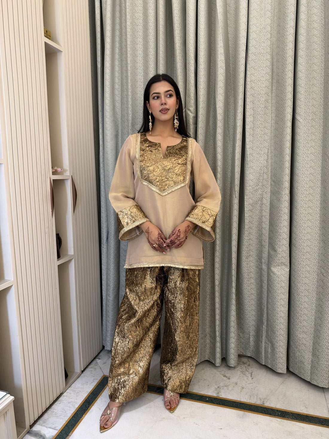 Champagne Gold Co-ord Set with Farshi Salwar