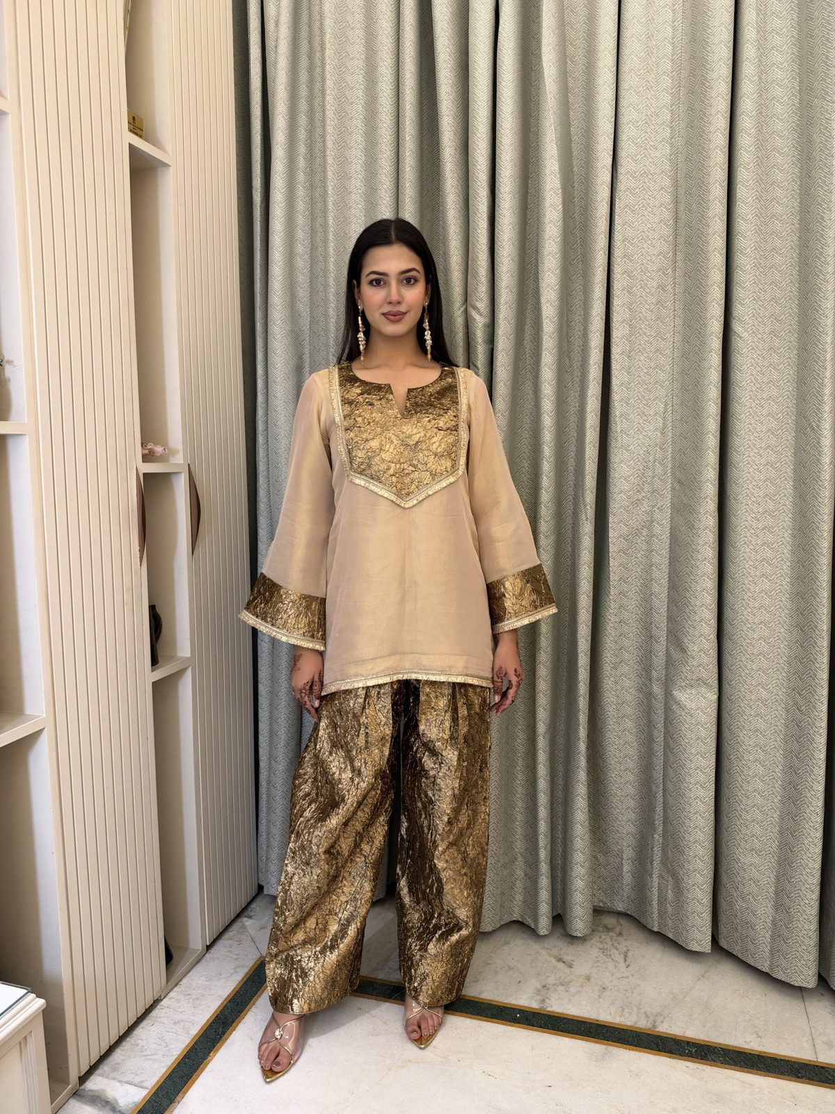 Champagne Gold Co-ord Set with Farshi Salwar