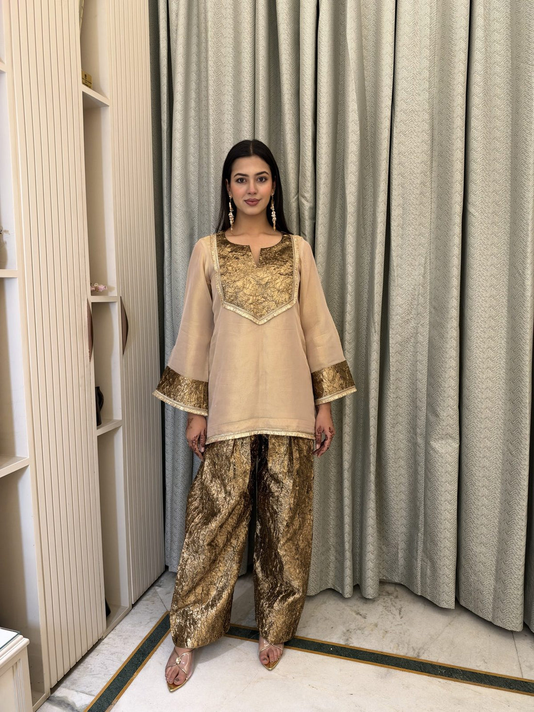 Champagne Gold Co-ord Set with Farshi Salwar