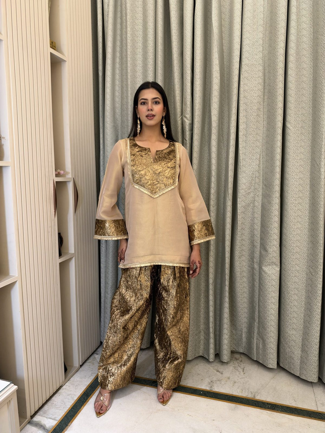 Champagne Gold Co-ord Set with Farshi Salwar