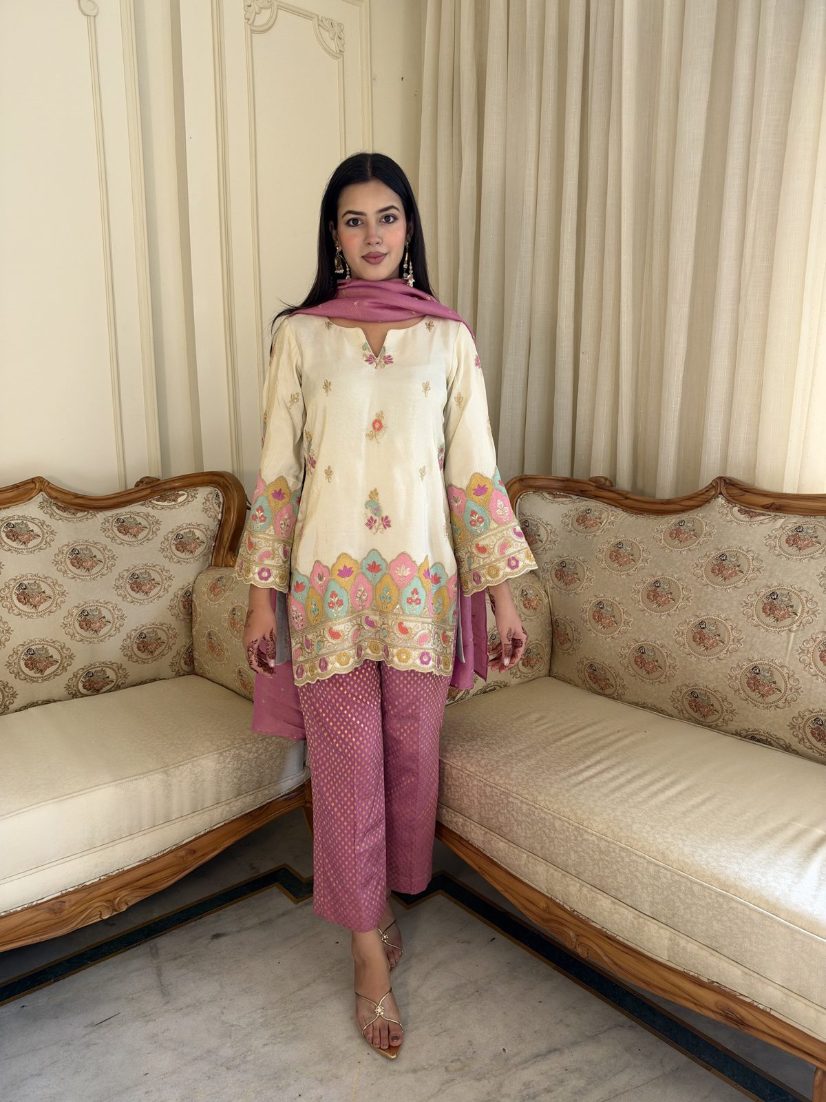 Ivory Zari Hand-Work Shirt with Brocade Pants & Dupatta