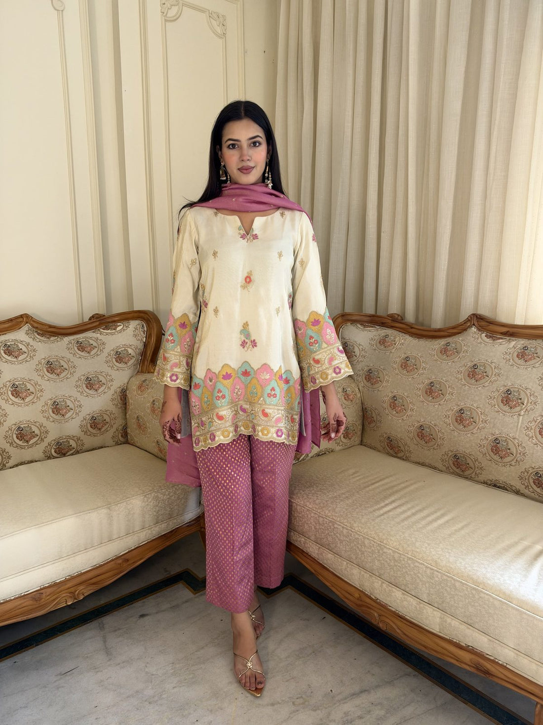 Ivory Zari Hand-Work Shirt with Brocade Pants & Dupatta