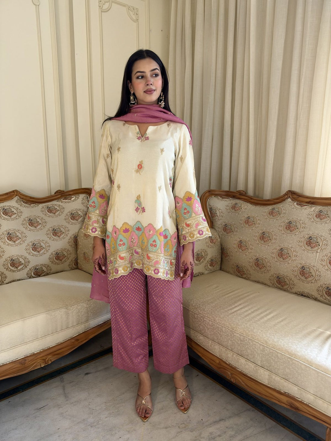 Ivory Zari Hand-Work Shirt with Brocade Pants & Dupatta