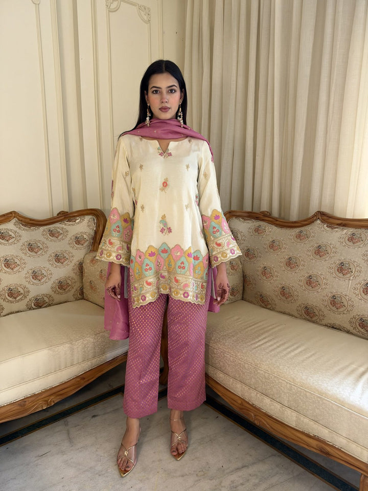 Ivory Zari Hand-Work Shirt with Brocade Pants & Dupatta