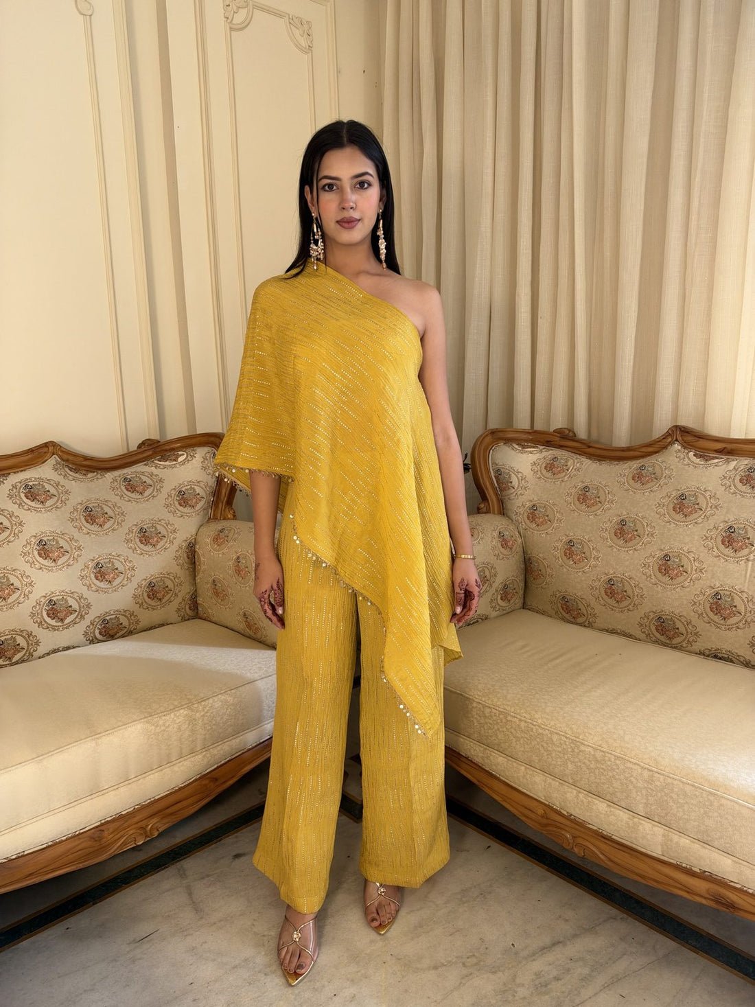 Mustard One-Shoulder Drape Set