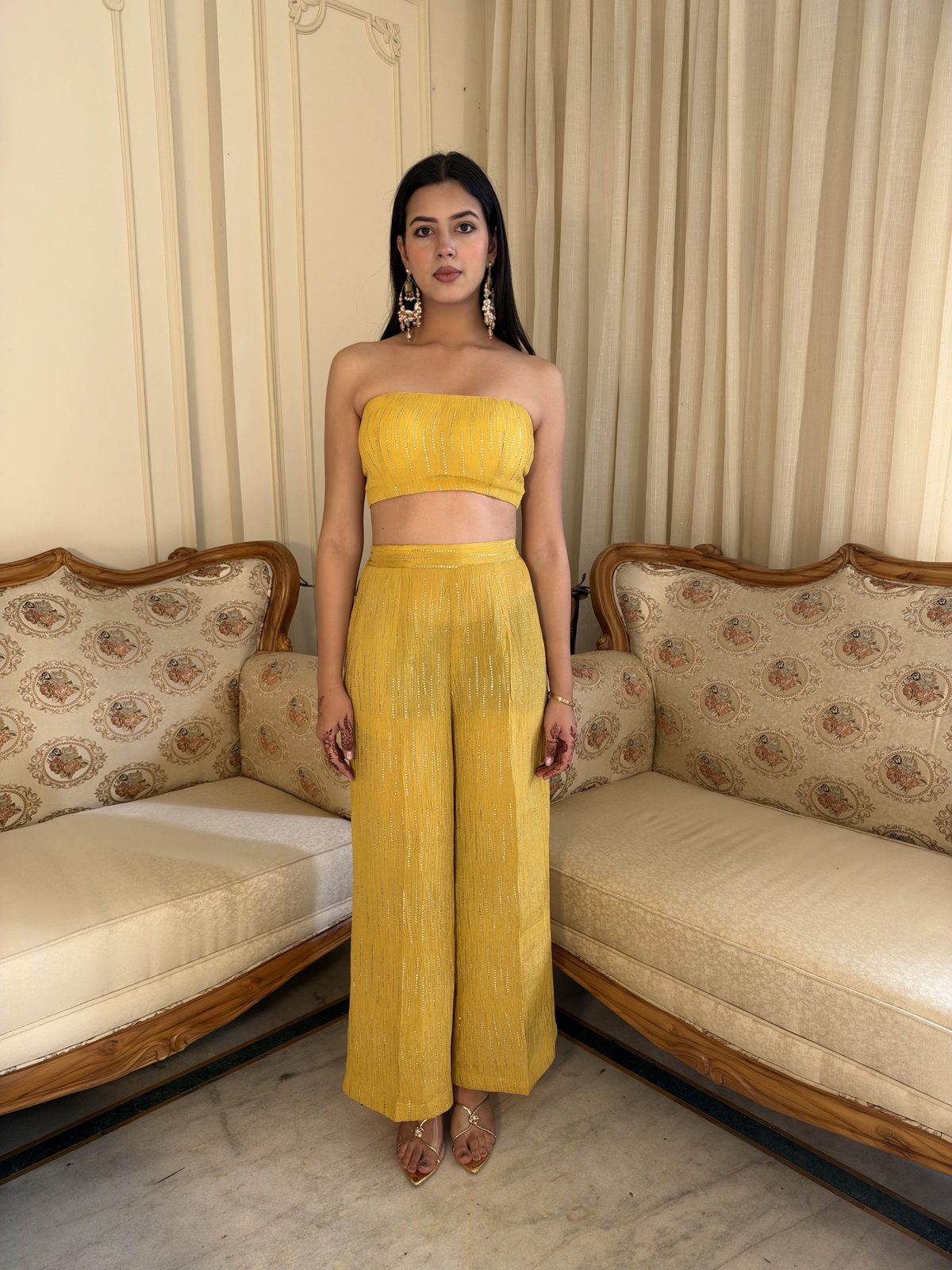 Mustard One-Shoulder Drape Set