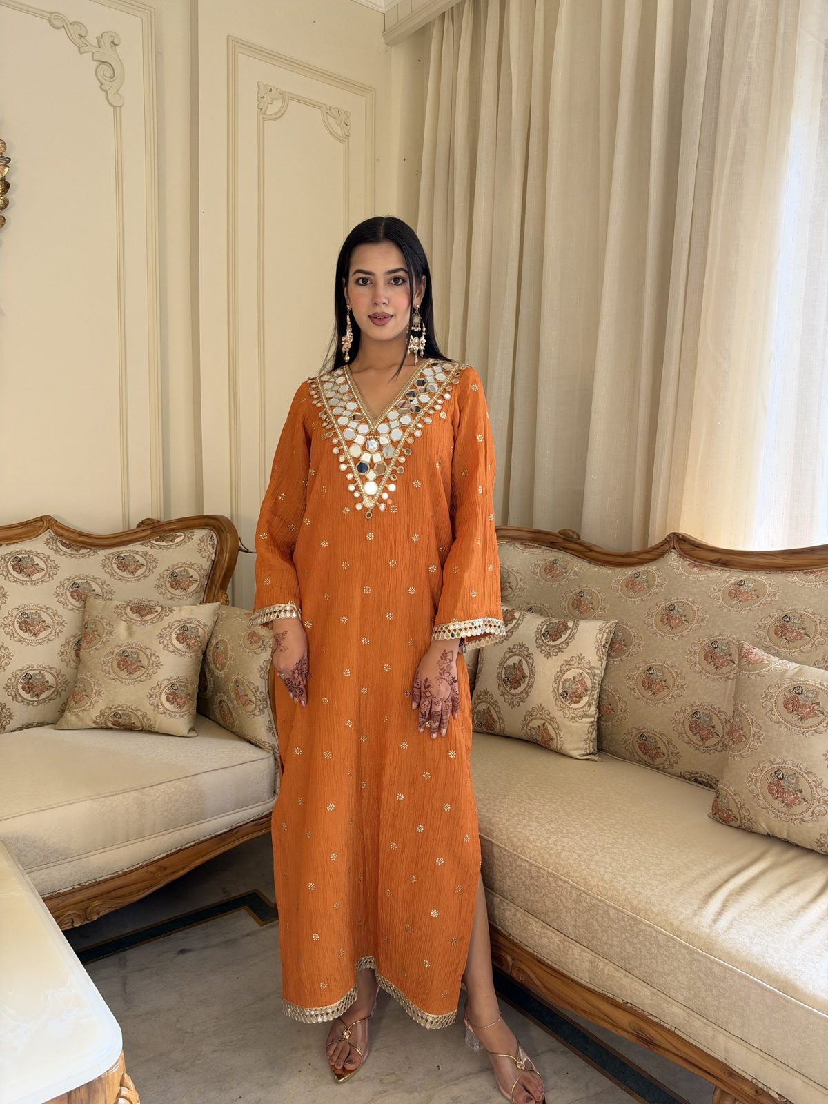 Orange Mirror-Work Crushed Tissue Kaftan
