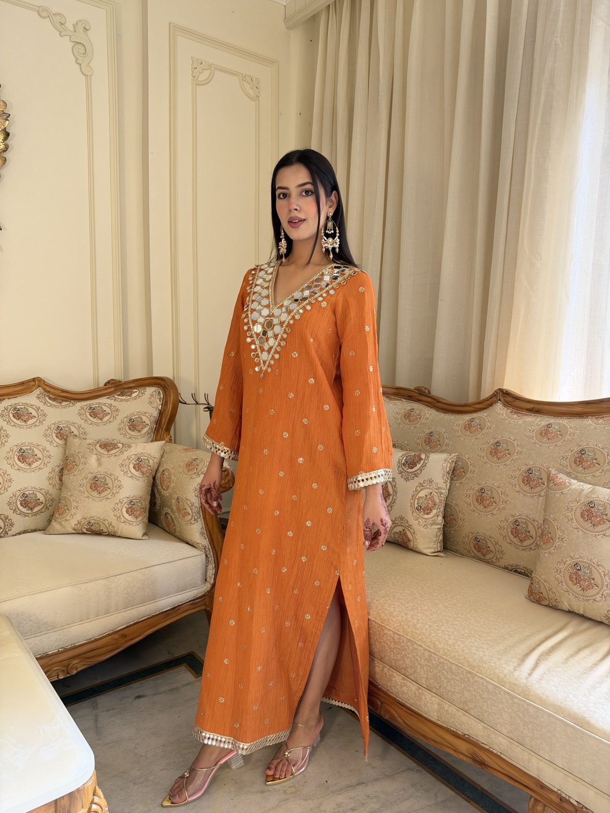 Orange Mirror-Work Crushed Tissue Kaftan