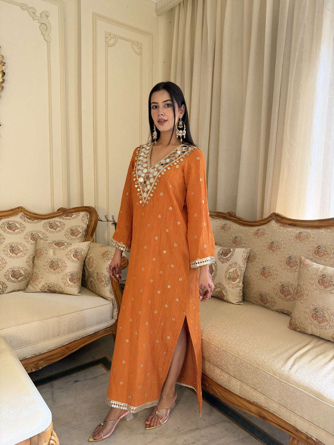 Orange Mirror-Work Crushed Tissue Kaftan