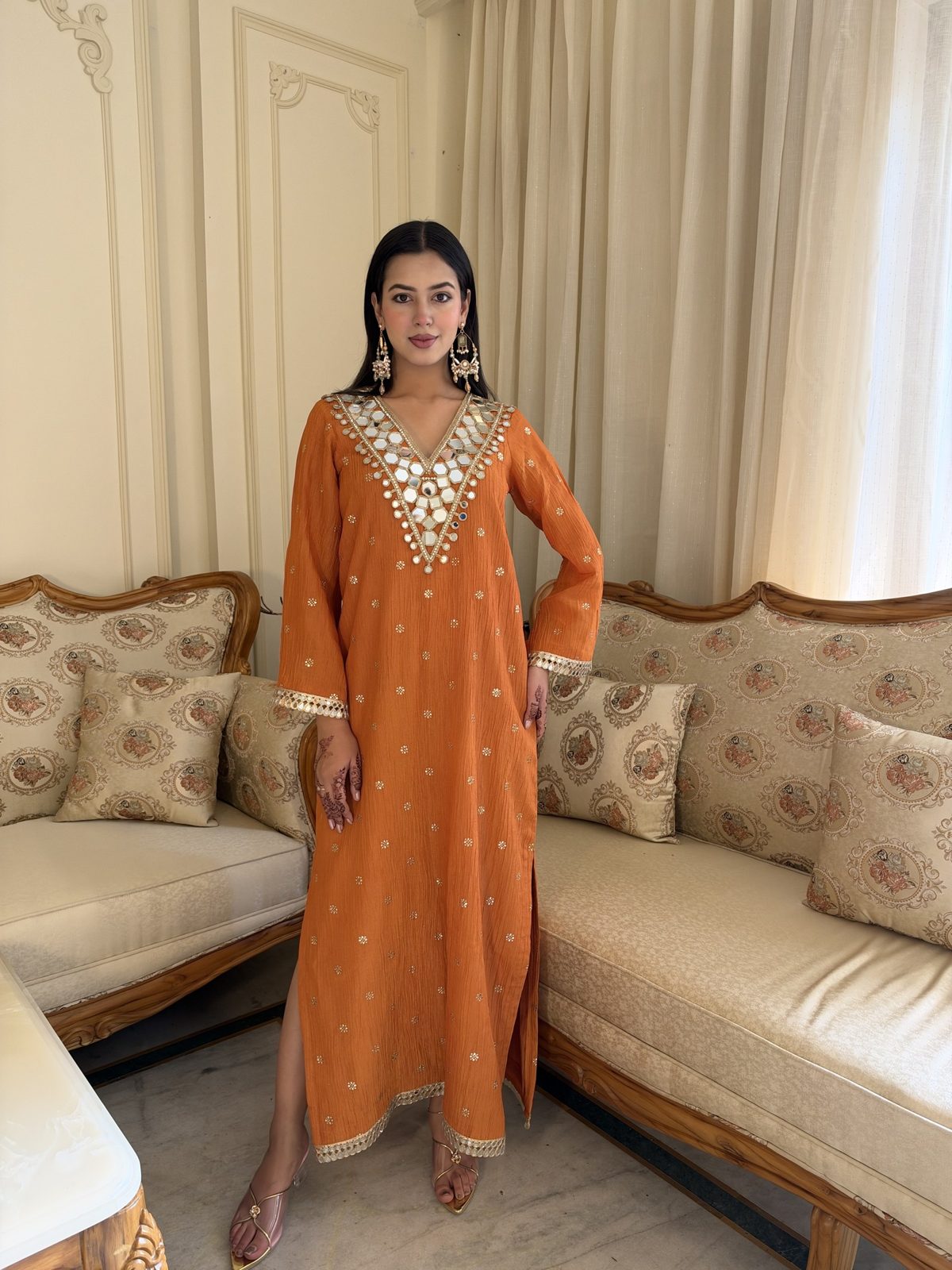 Orange Mirror-Work Crushed Tissue Kaftan