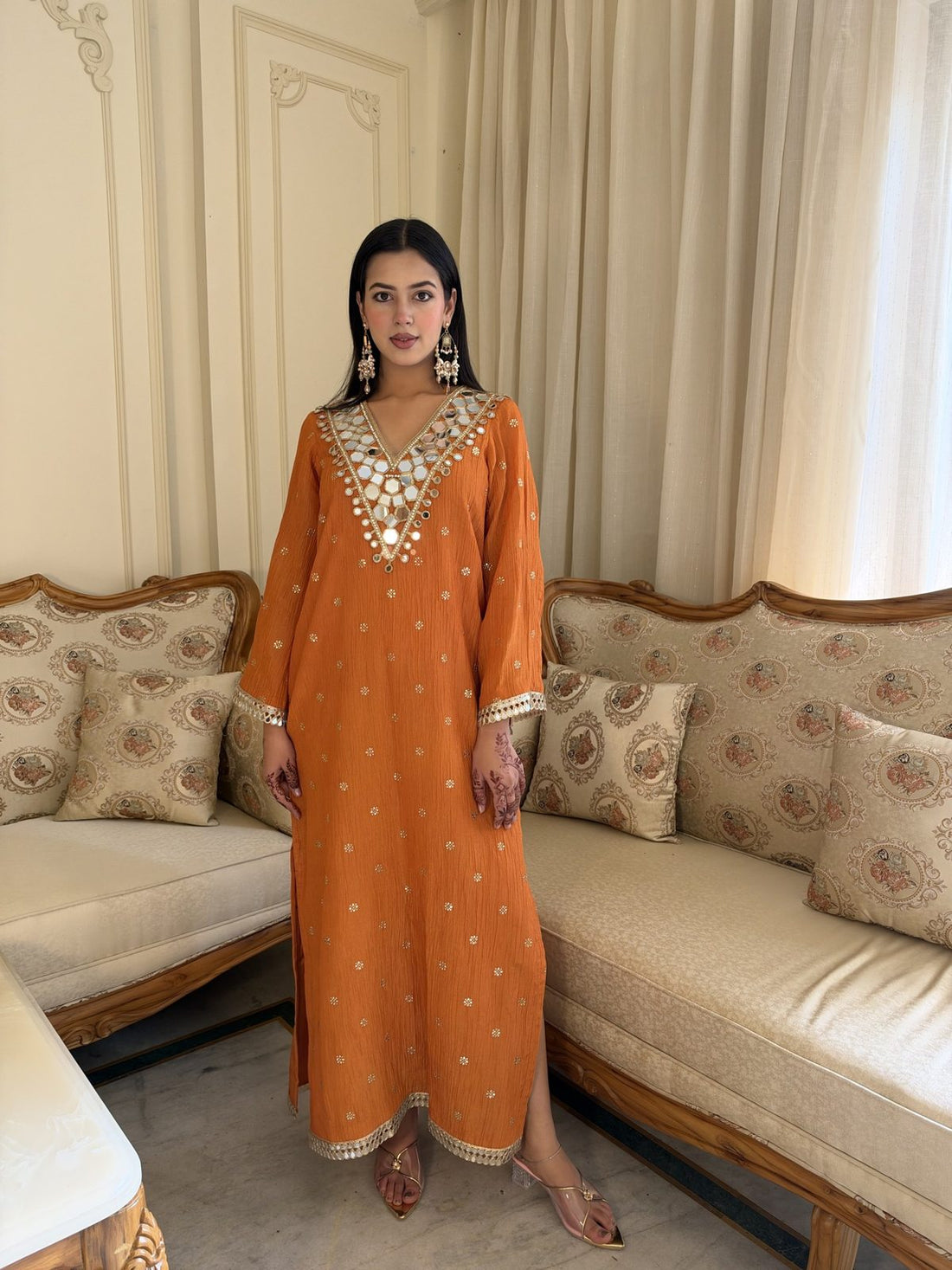 Orange Mirror-Work Crushed Tissue Kaftan