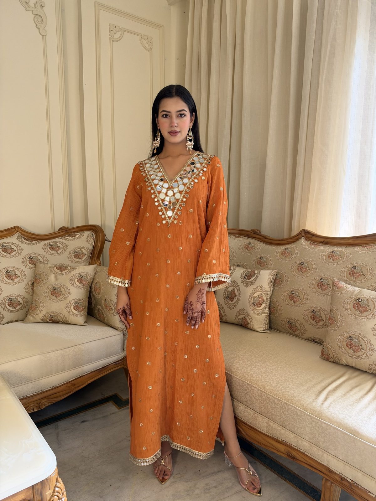 Orange Mirror-Work Crushed Tissue Kaftan
