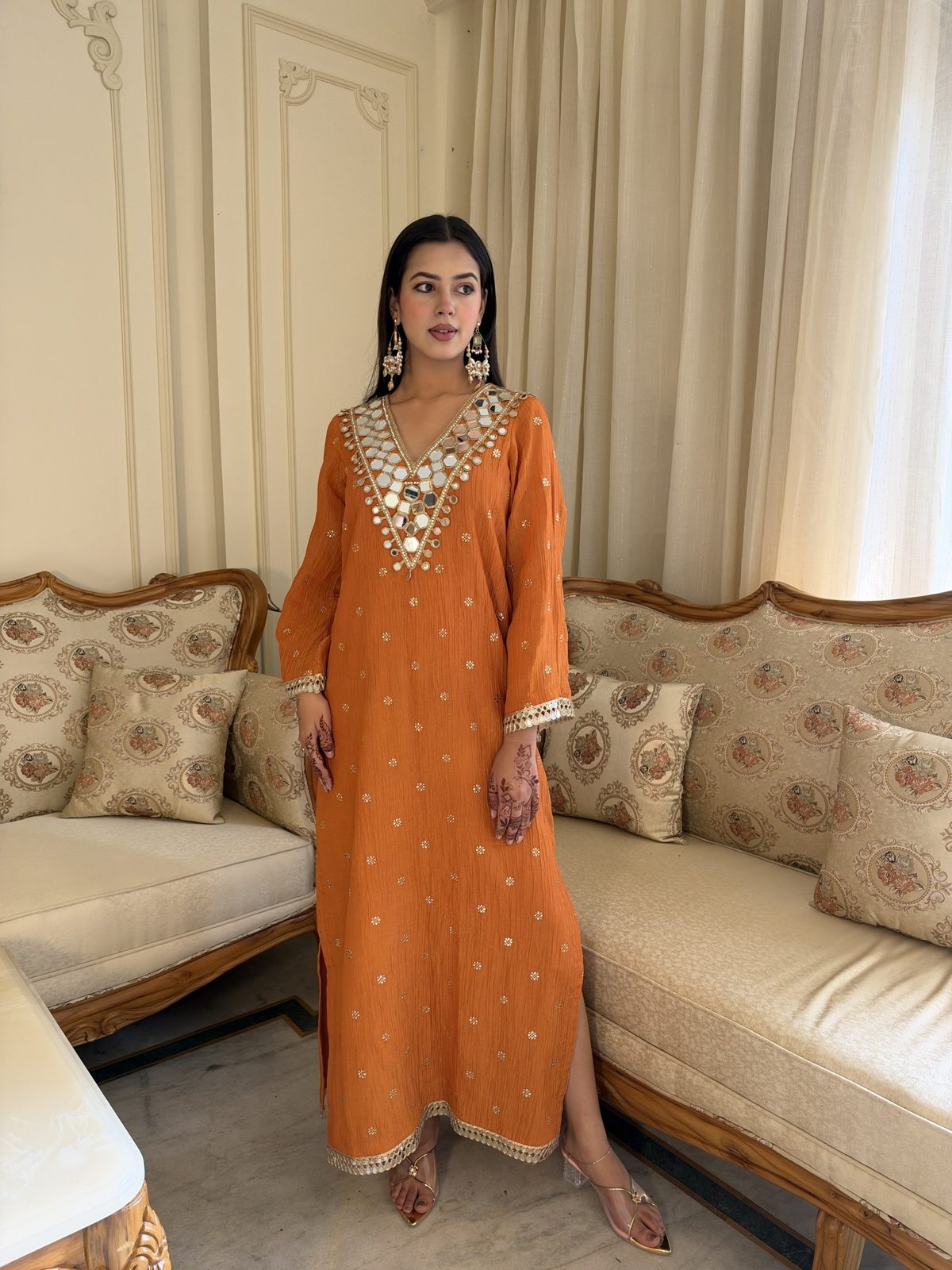 Orange Mirror-Work Crushed Tissue Kaftan