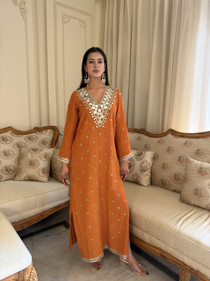 Orange Mirror-Work Crushed Tissue Kaftan