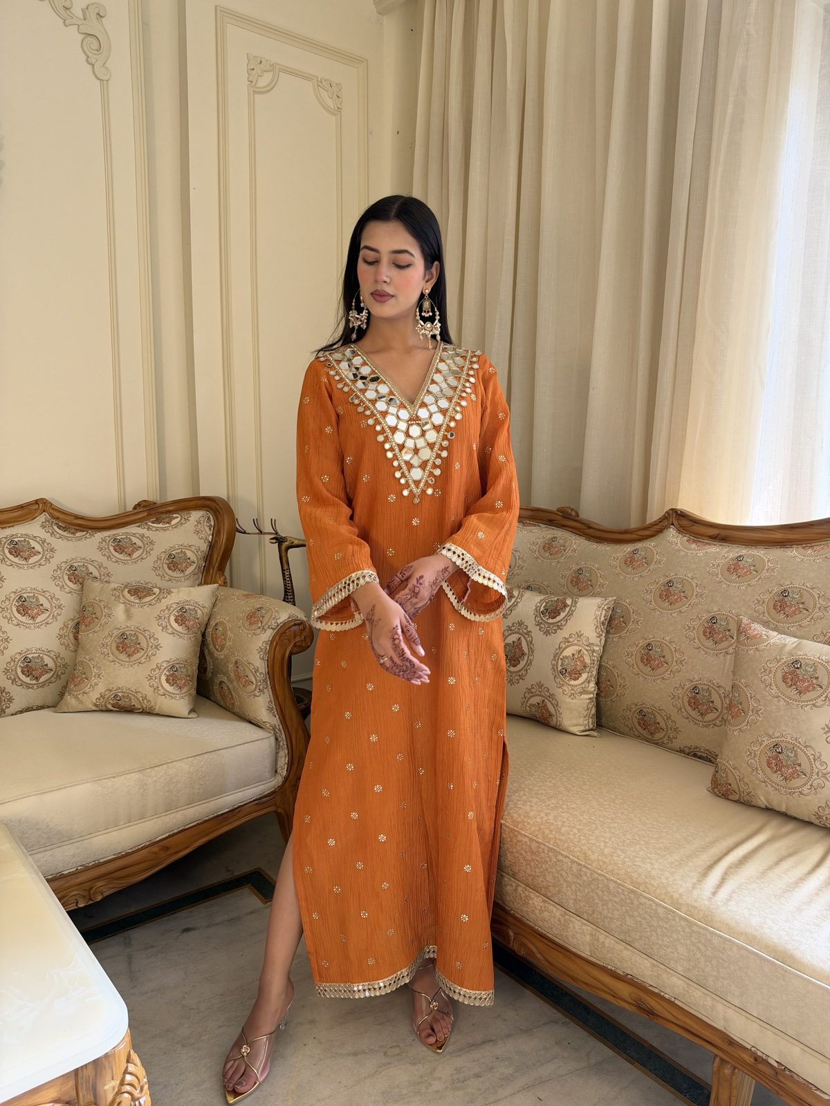 Orange Mirror-Work Crushed Tissue Kaftan