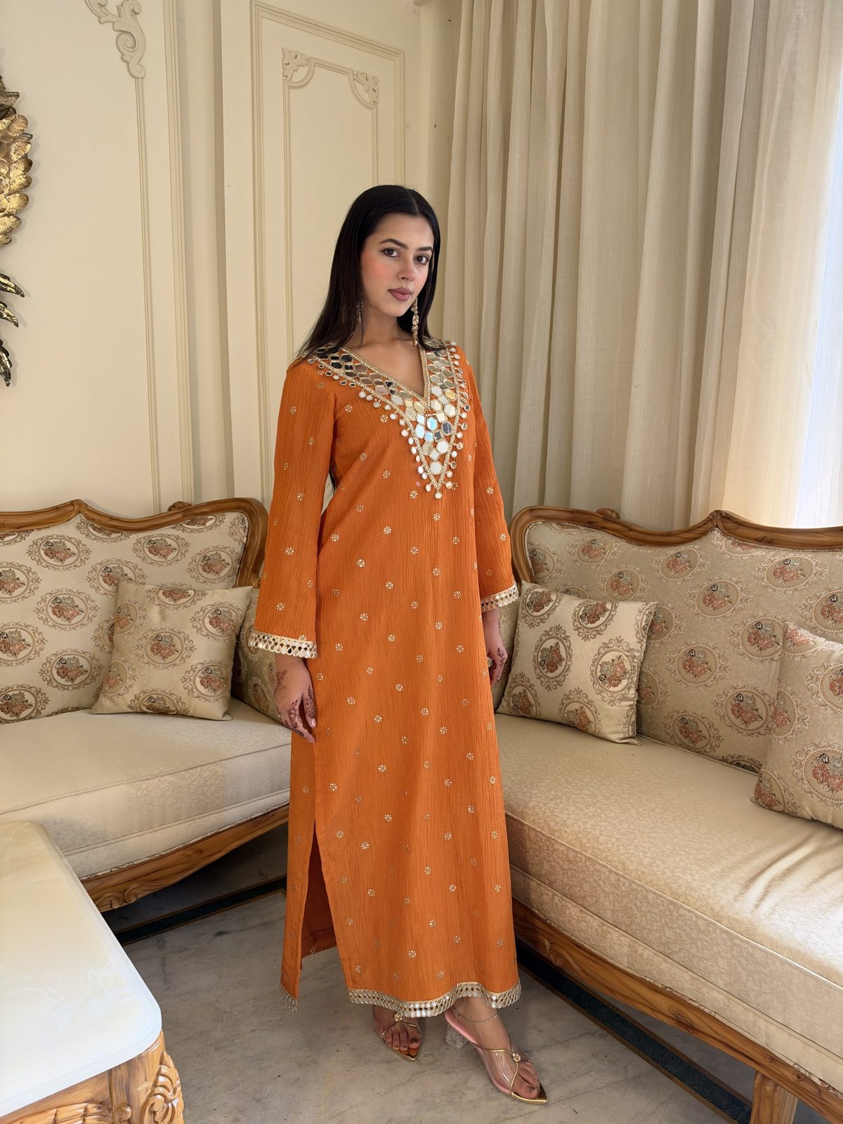 Orange Mirror-Work Crushed Tissue Kaftan
