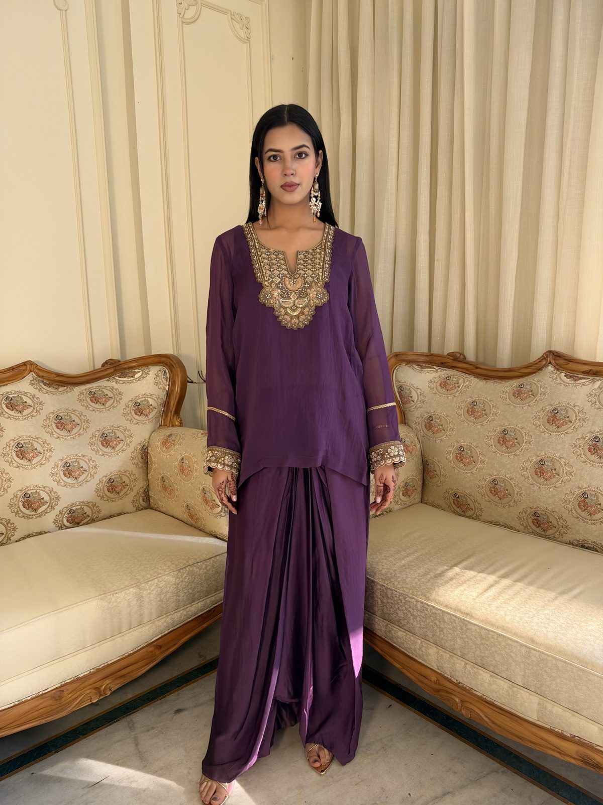 Purple Embroidered Kurta with Dhoti
