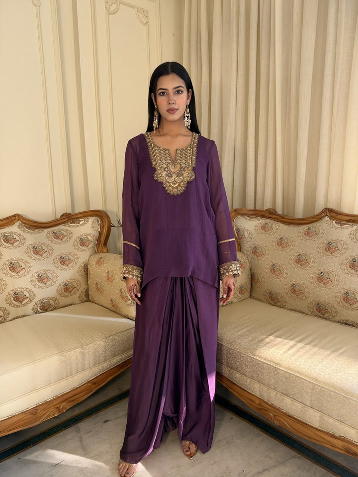 Purple Embroidered Kurta with Dhoti
