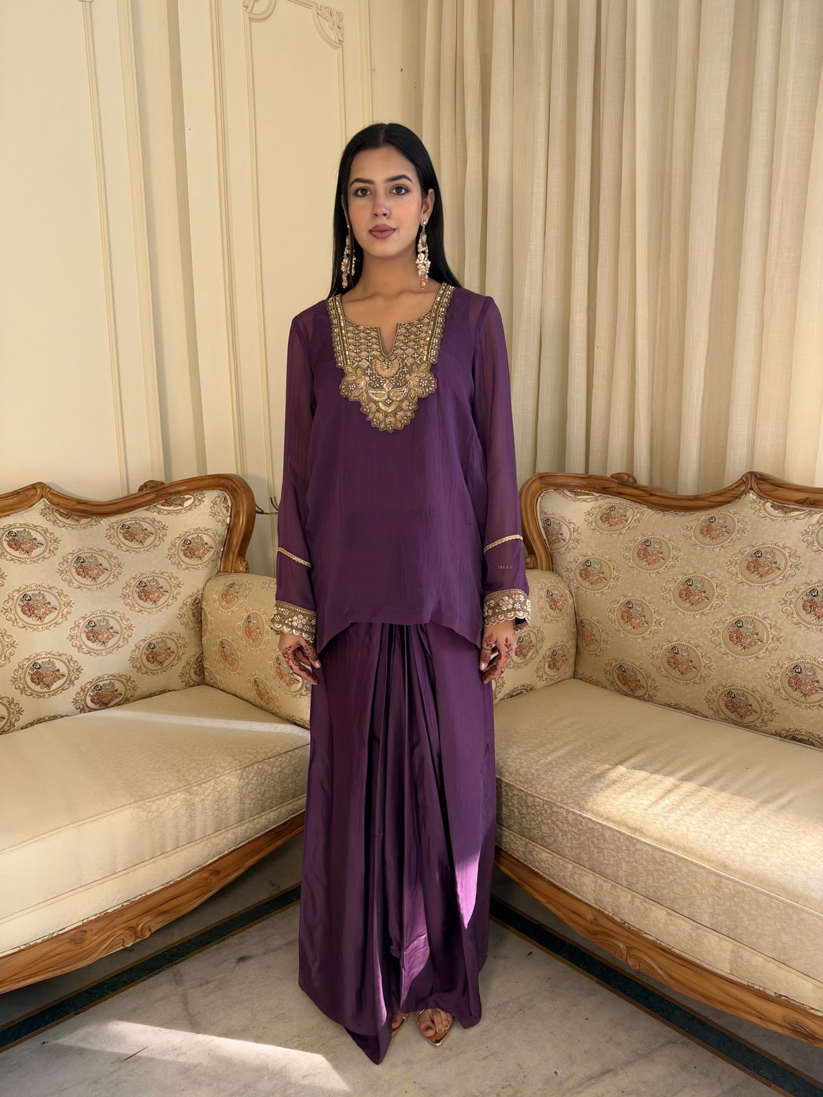 Purple Embroidered Kurta with Dhoti