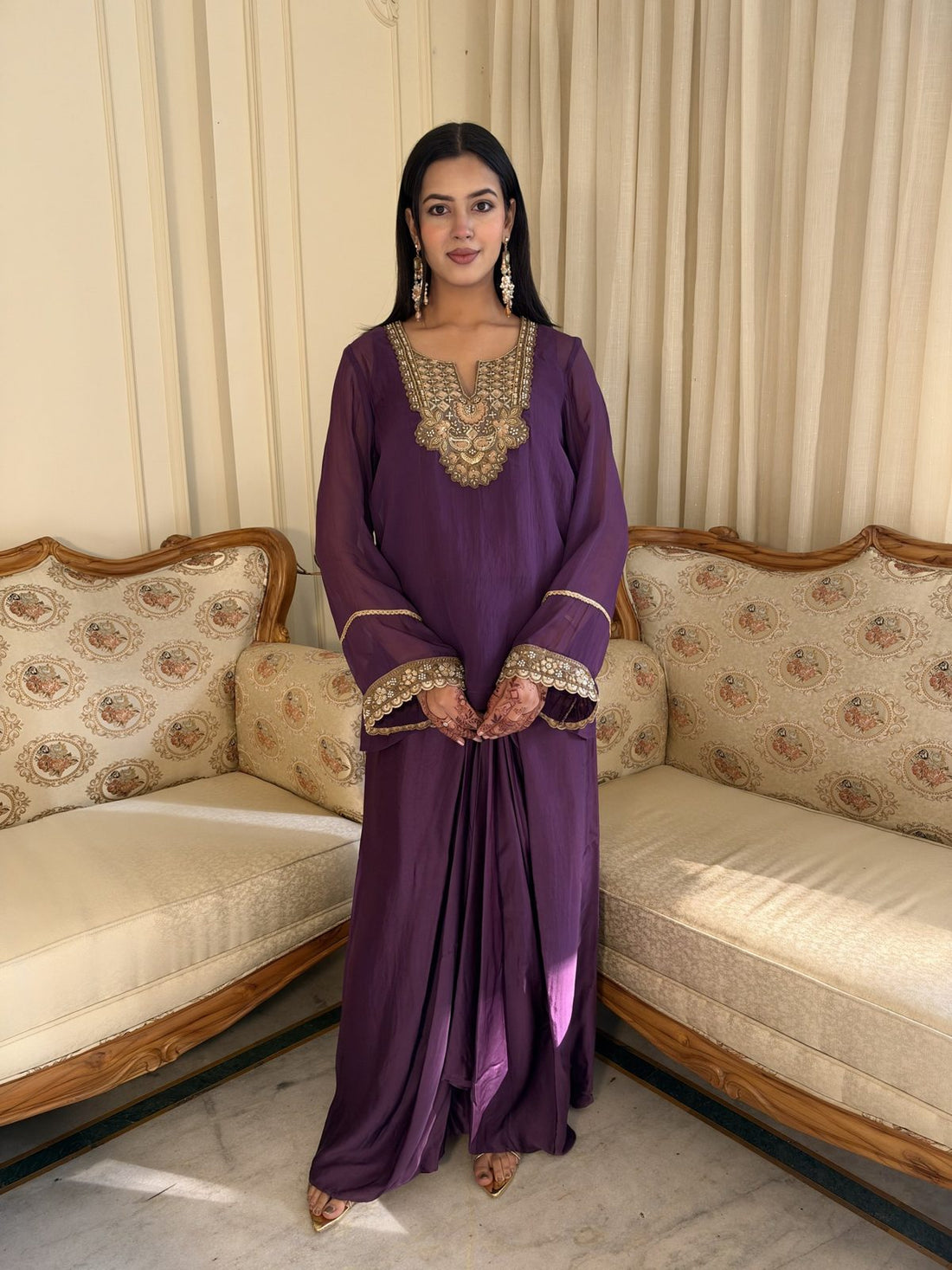 Purple Embroidered Kurta with Dhoti