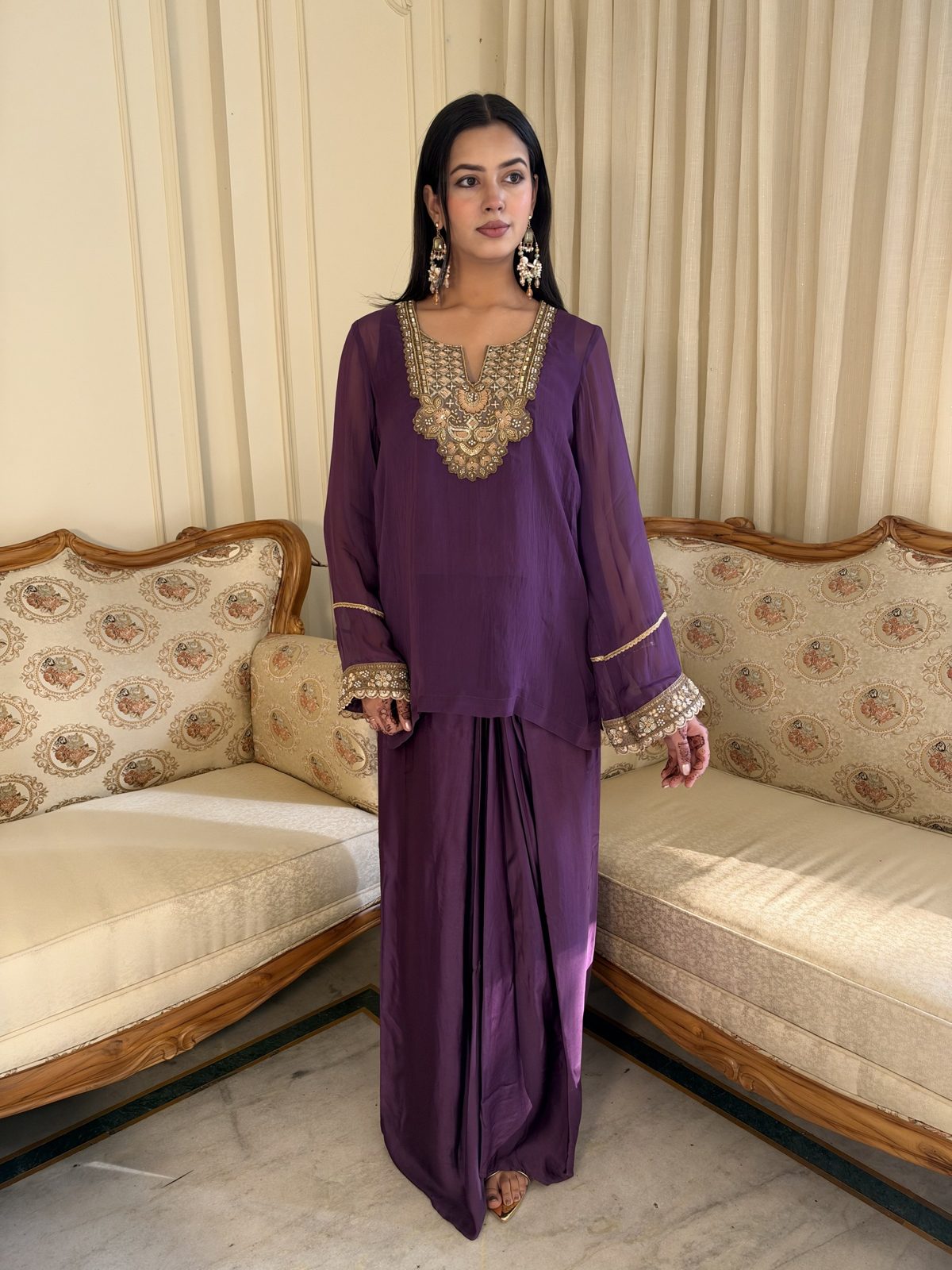 Purple Embroidered Kurta with Dhoti