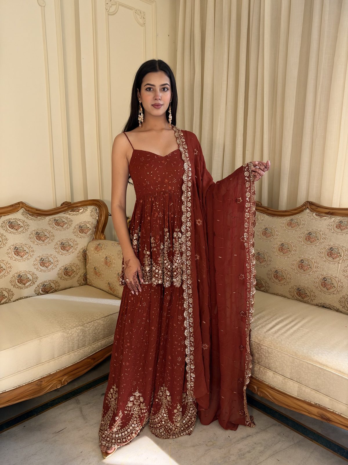 Rust Sharara Suit with Embroidered Dupatta