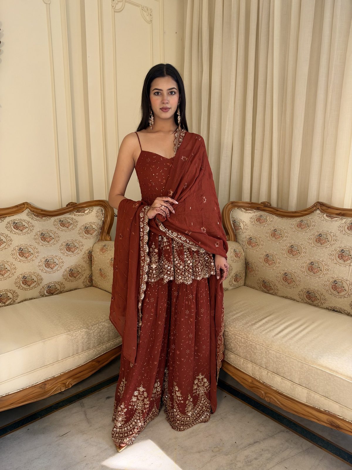 Rust Sharara Suit with Embroidered Dupatta