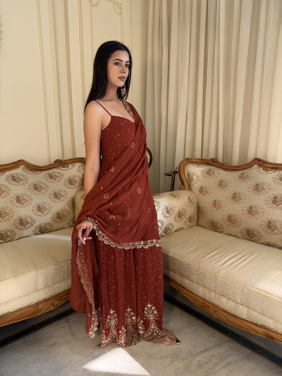 Rust Sharara Suit with Embroidered Dupatta